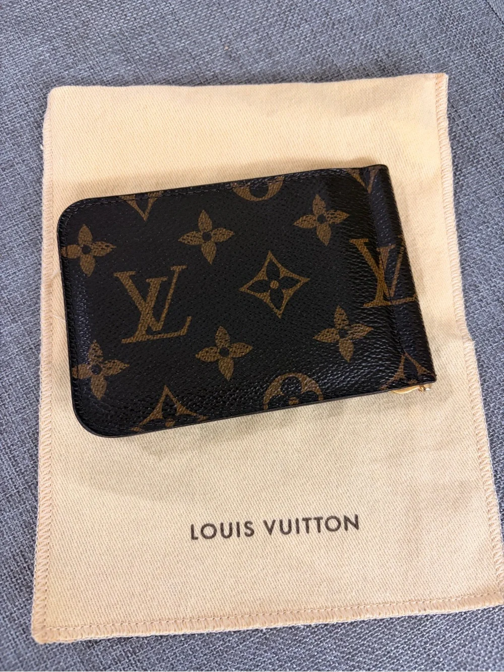 Louis Vuitton Brown Leather Money Clip Card Holder with Gold-Tone Clip